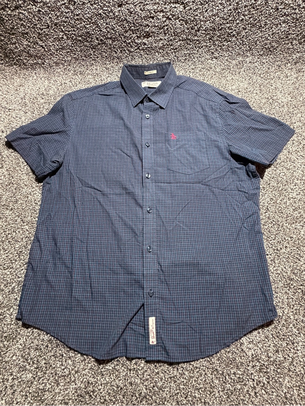 Original Penguin Navy Check Short-Sleeve Button-Up Shirt Large